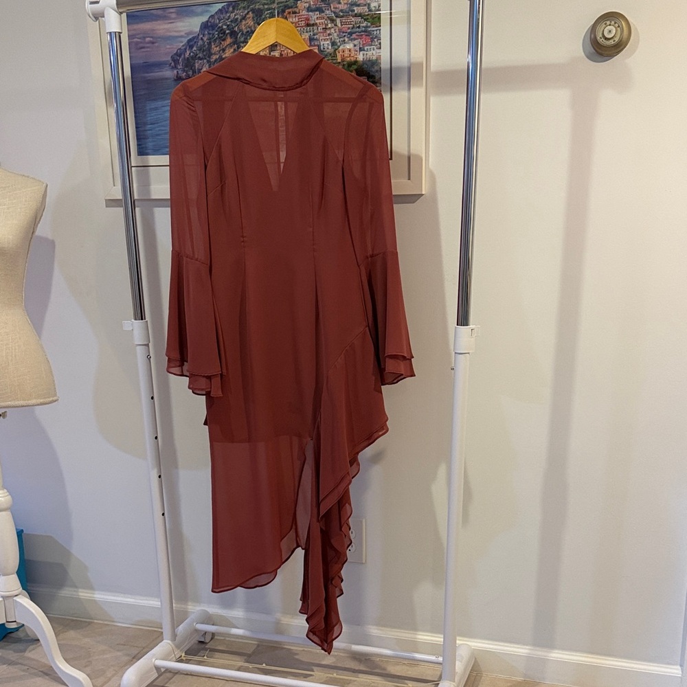 C/MEO Collective Asymmetrical Sheer Dress in Burgundy